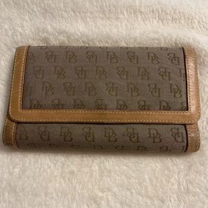 Dooney and Bourke Monogram Canvas Leather Brown Trifold Wallet Clutch